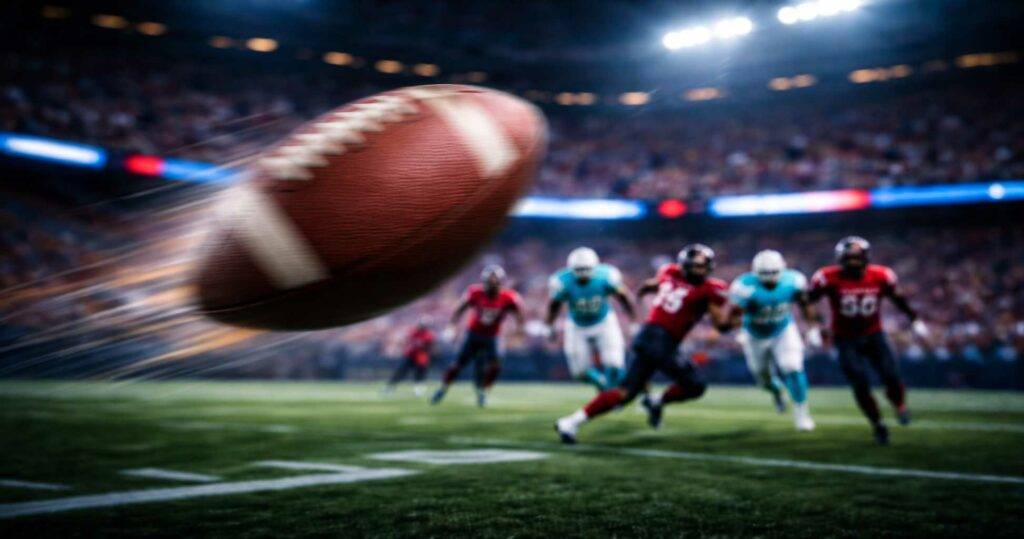 American Football im NFL-Stadion mit fliegendem Ball – NFL-Tippspiel für Super Bowl und Football-Saison mit tippevent