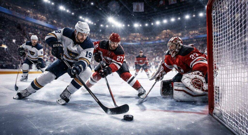 Eishockey-Spieler vor Tor mit Torwart im vollbesetzten Stadion – Eishockey-WM Tippspiel Deutschland mit tippevent