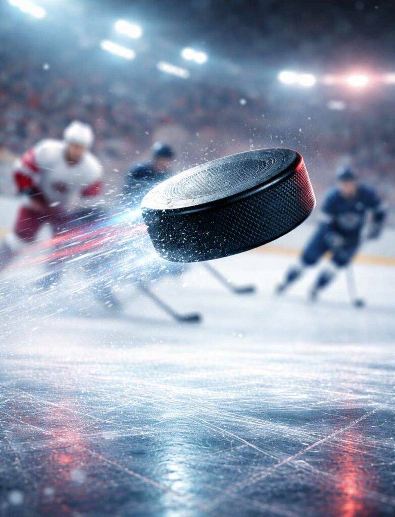 Eishockey-Puck in dramatischer Flugbahn auf dem Eis – Eishockey-WM Tippspiel für Sport-Turniere mit tippevent