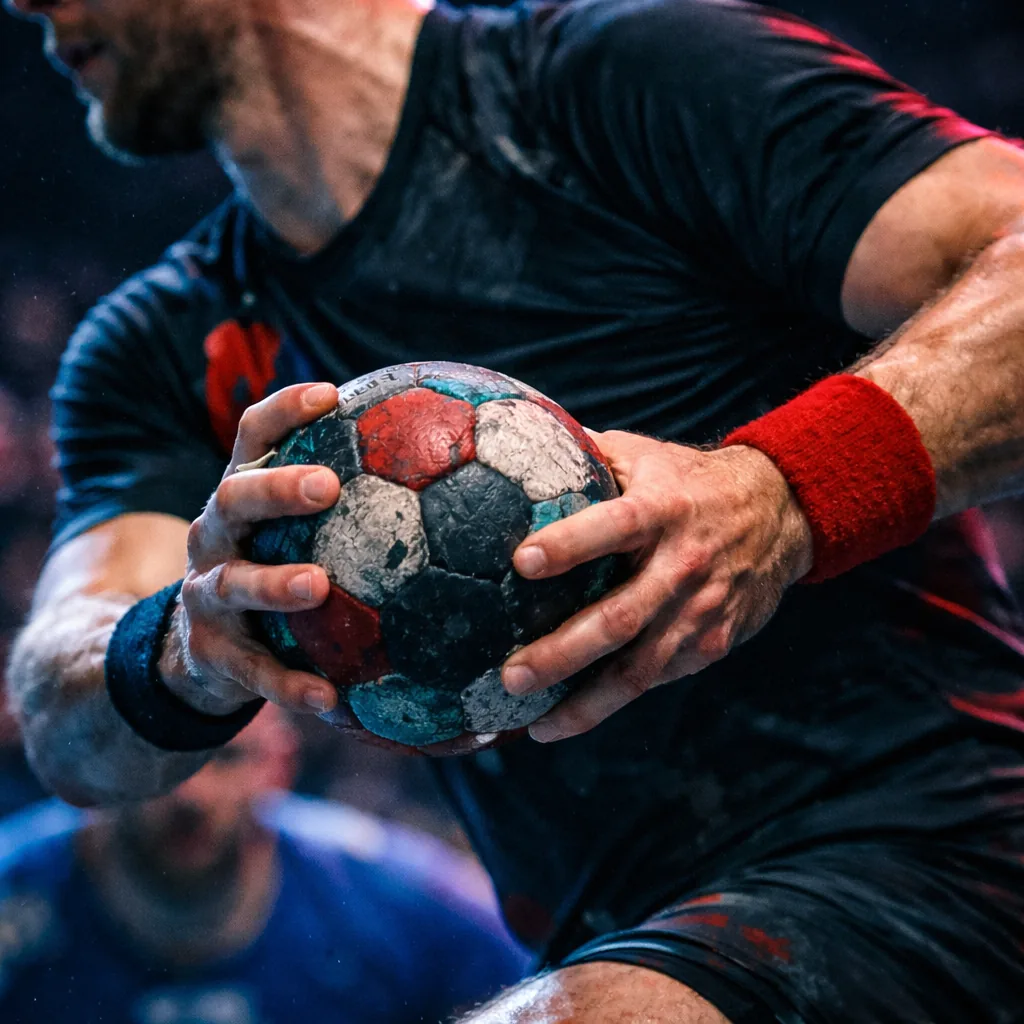 Handball-Spieler mit Ball in der Hand Nahaufnahme – Handball-Tippspiel für Turniere und Bundesliga mit tippevent