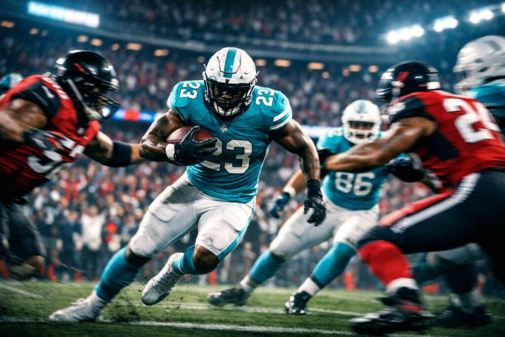 NFL Football-Spieler mit Ball im Stadion-Action – NFL-Tippspiel für Super Bowl und American Football mit tippevent