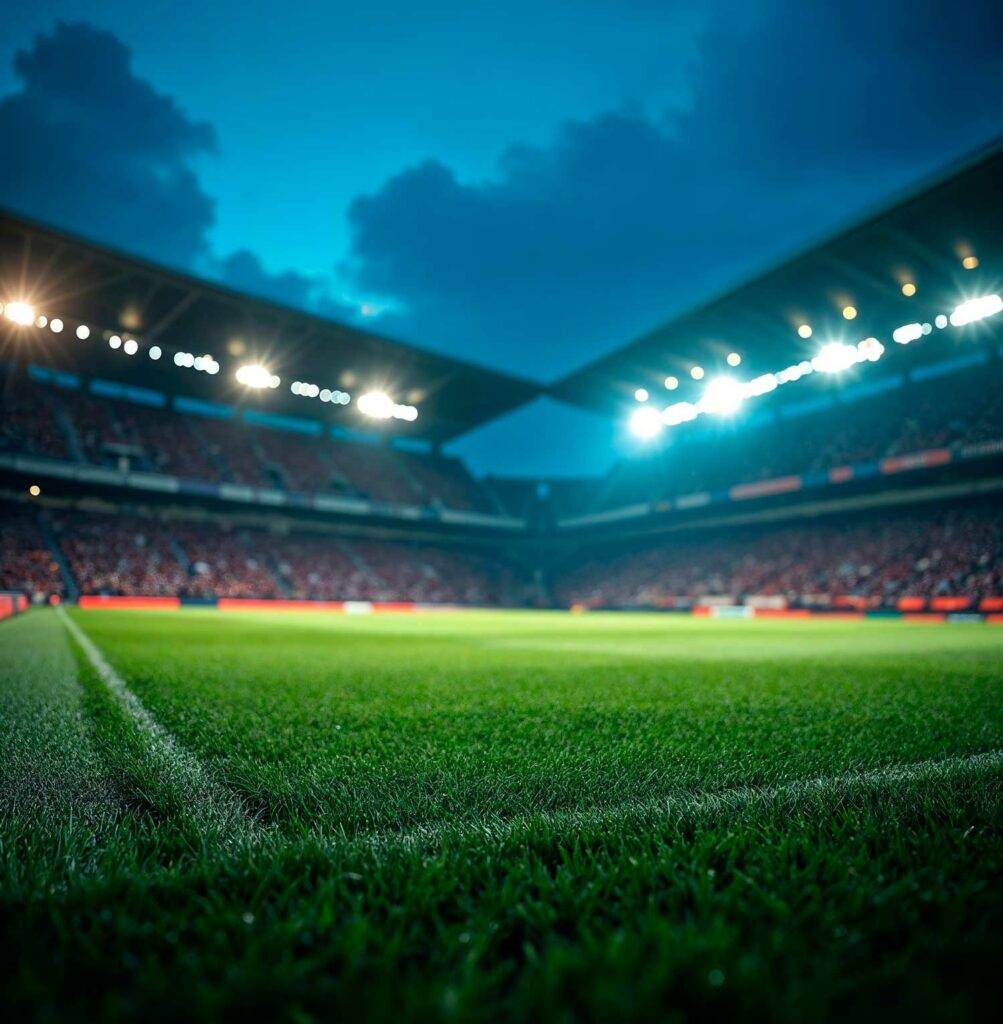 Flutlicht-Stadion aus Rasenperspektive – Tippspiel für Rugby, Football und Sport-Events mit tippevent