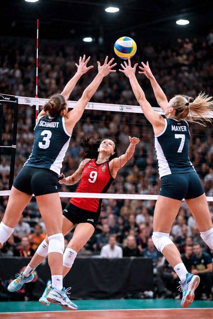 Volleyball-Spielerinnen beim Block am Netz – Volleyball-Tippspiel für Turniere und Ligen mit tippevent
