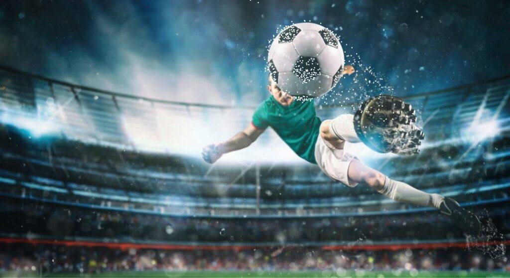 Fußballspieler beim akrobatischen Schuss im Stadion – tippevent Tippspiel für die Fußball-WM 2026 und Bundesliga einfach online erstellen