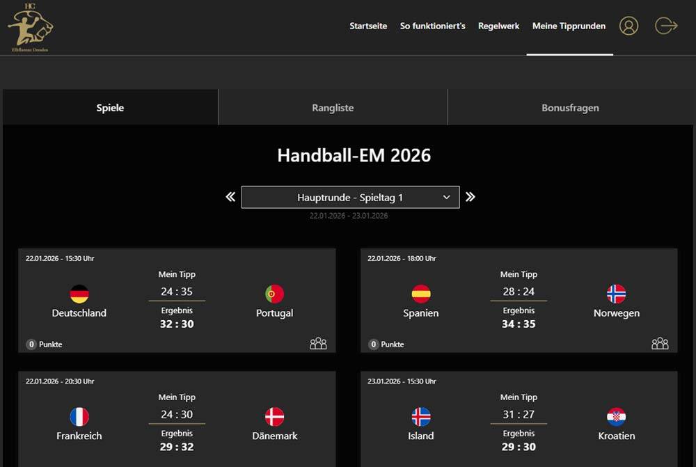 HC Dresden Handball-EM 2026 Tippspiel mit dunklem Design – Handball-Tippspiel für Vereine mit tippevent