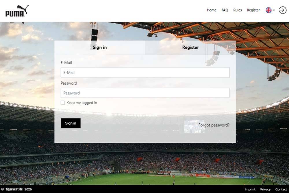 Puma Fußball-Tippspiel Login-Seite mit Stadion-Hintergrund – Individuelles White-Label-Tippspiel mit tippevent Branding