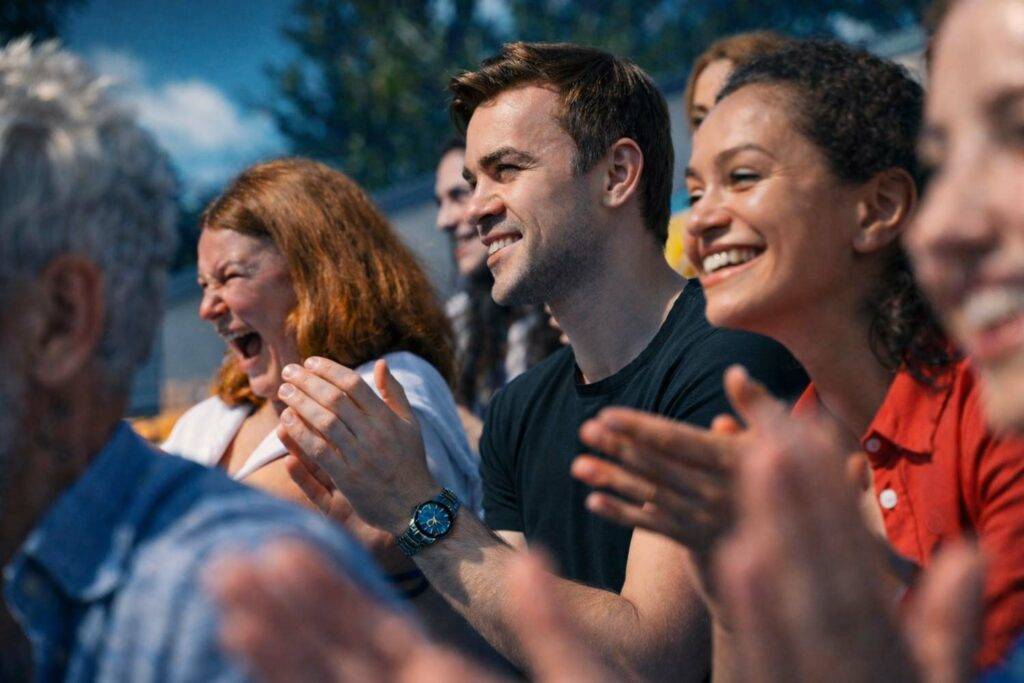 Begeisterte Sportzuschauer applaudieren beim gemeinsamen Tippspiel-Event – Sport-Erlebnis mit tippevent