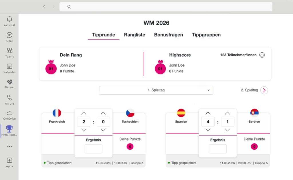 tippevent WM 2026 Tippspiel in Microsoft Teams – Fußball-Tipp-Interface für Unternehmen