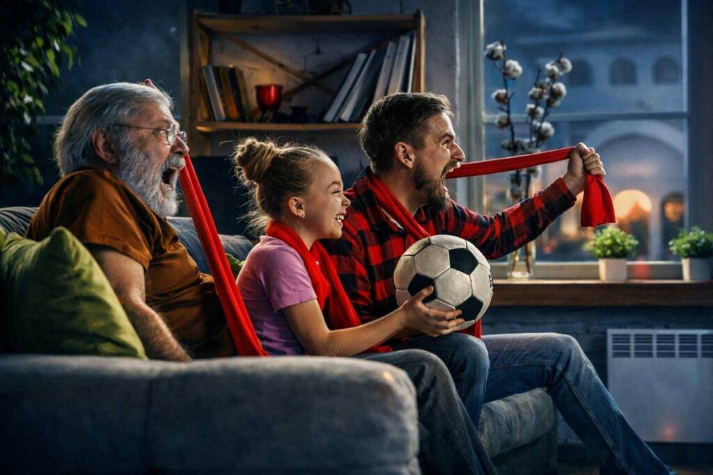Familie mit Fanschal und Fußball schaut gemeinsam Fußball – Familien-Tippspiel mit Spaß und Spannung mit tippevent