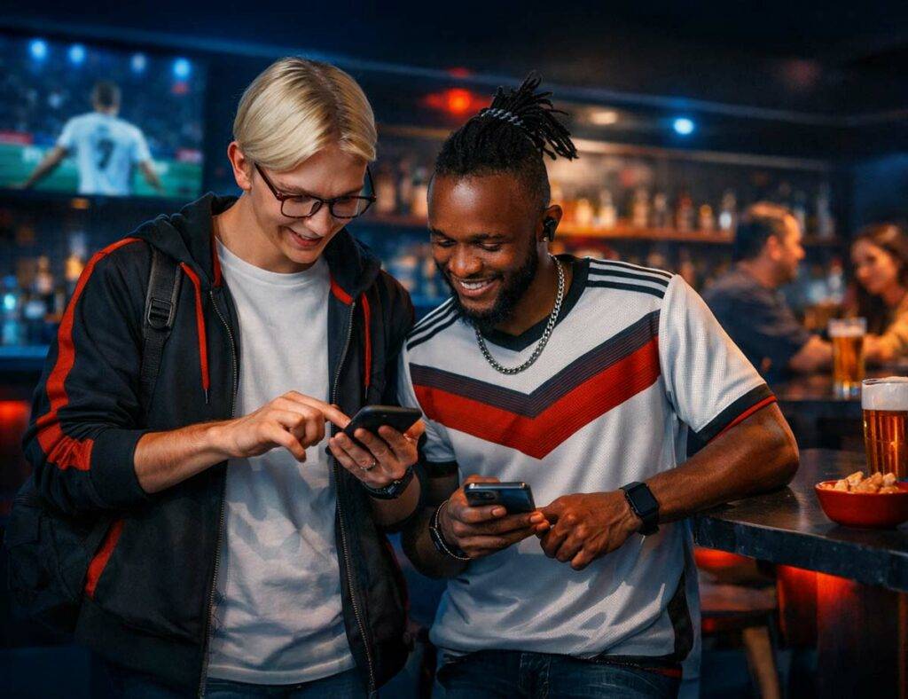 Zwei Fußballfans tippen gemeinsam auf Smartphones in der Bar – Tippspiel mit Freunden und Spenden-Charity mit tippevent