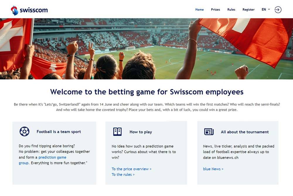 Swisscom individuelles White-Label-Tippspiel für Mitarbeiter – Englischsprachige Unternehmens-Tipprunde mit tippevent